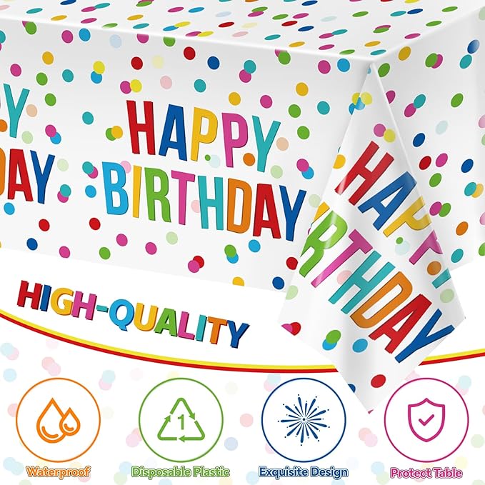 3pcs Birthday Tablecloth, Happy Birthday Decorations Set, Colorful Rainbow Dots Design with Happy Birthday Tablecloth. Waterproof Plastic Table Covers for Boys/Girls Party 54X108inch