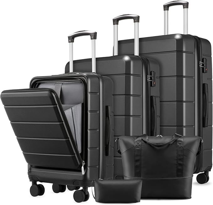 YOETEY 5 Piece Luggage Set Hardside Expandable Suitcase with TSA Lock Spinner Wheels Lightweight Travel Set Includes Tote and Toiletry Bag, (5 Piece Sets, Black)