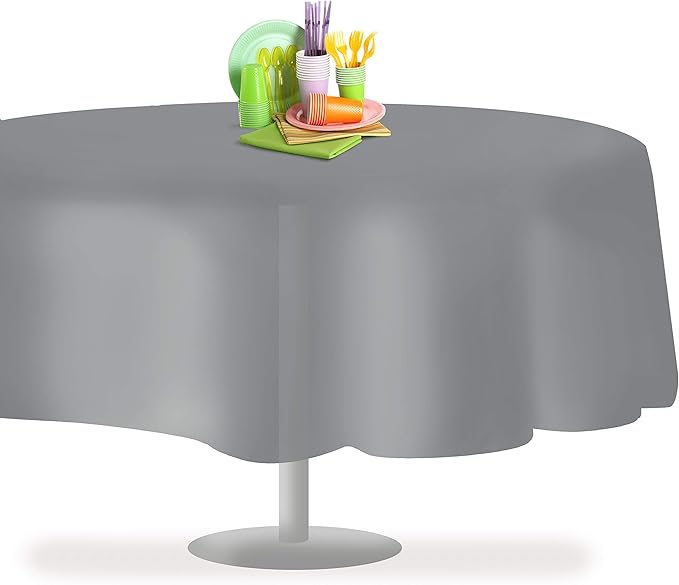 Grandipity 12 Pack Premium Disposable Plastic Tablecloth 84" Inch Decorative Round Table Cover - Silver