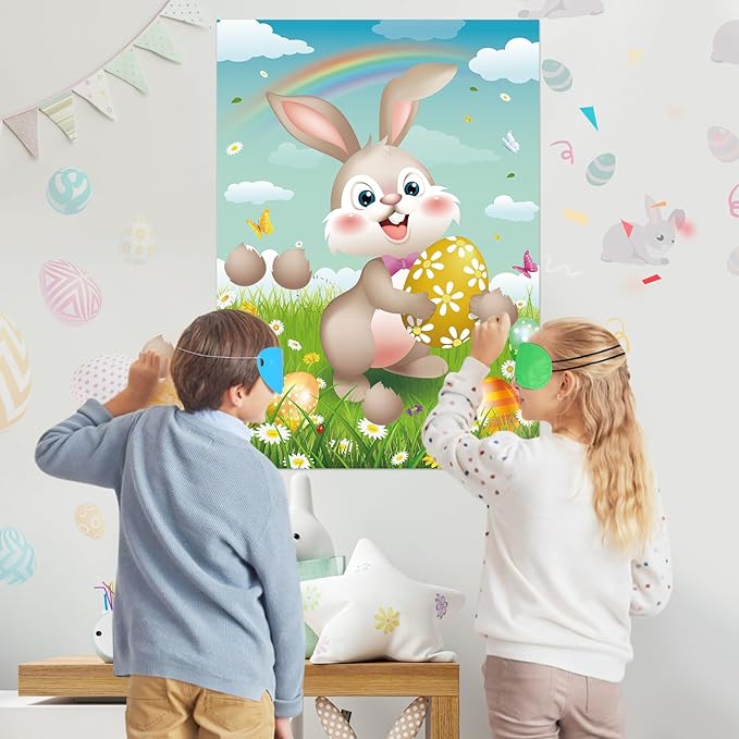 Pin The Tail on The Bunny Game with 36 Tail Stickers Happy Easter Party Game for Kids Easter Egg Hunt Activities, Large Bunny Game Poster for Happy Easter Party Decoration Supplies