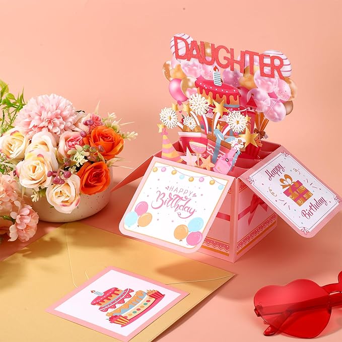 Happy Birthday Daughter Pop Up Card, Personalized 3D Birthday Greeting Card with Envelope Creative Gift for Daughter from Parents Party Decoration Keepsake
