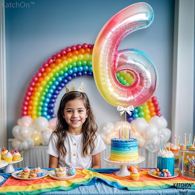 KatchOn, Giant Rainbow Number 6 Balloon - 40 Inch | 6 Year Old Birthday Balloons for 6th Year Decoration | 6 Number Balloons for 6th Happy Anniversary Decorations, 6th Birthday Party Decorations