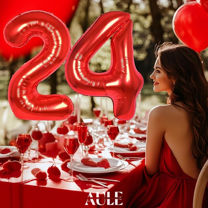AULE 40 Inch Big Red Foil 24 Number Balloons for Women Large 24th Happy Birthday Decorations Giant Huge Helium Mylar 42 Anniversary Party Decor