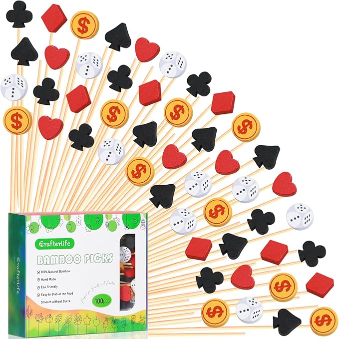 100Pcs Casino Cocktail Picks Poker Dice Theme Decor Toothpicks Fruit Sticks Food Cupcake Sandwich Appetizer Charcuterie Skewers for Las Vegas Game Night Adult Birthday Casino Themed Party Decorations