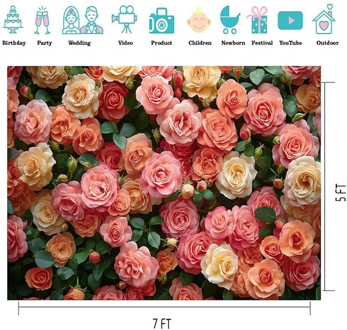 CYLYH 7X5FT Floral Backdrop Pink Rose Green Leaves Wall Background Girls Princess Birthday Baby Shower Wedding Cake Table Decoration Banner D904