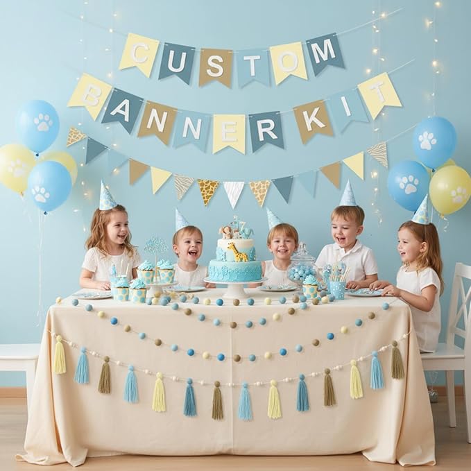 139 Pcs Felt DIY Custom Banner Kit Include 104 Letters 18 Swallowtail Flags 15 Pennants 2 Pcs Pom Pom Garland Tassel Pompom Decoration for Home Baby Shower Birthday(Blue)