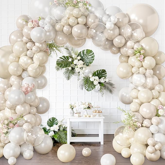 Amandir 173 Pcs Pearl White Balloon Arch Garland Kit, Double-Stuffed Pearl Ivory White Sand Clear Balloons for Wedding Bridal Shower Engagement Anniversary Birthday Party Decorations