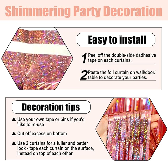 3 Pack Rose Gold Foil Fringe Curtain Backdrop, 3.28Ft x 8.2Ft Metallic Tinsel Foil Fringe Streamer Curtains for Photo Booth, Christmas Day, New Year, Wedding Party Decorations