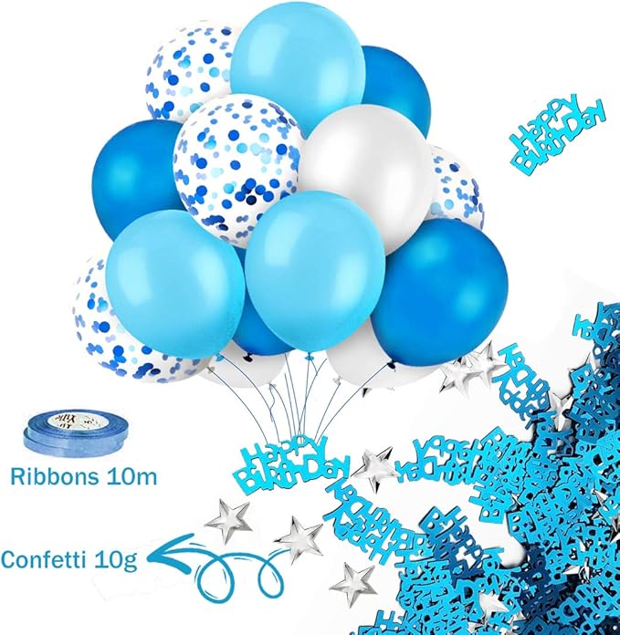 MOVINPE Blue Birthday Party Decoration, Happy Birthday Banner, Sky-Blue Fringe Curtain, Foil Tablecloth, Heart Star Foil Confetti Balloons, 10g Table Confetti for Girl Boy Kids Men Women Adults