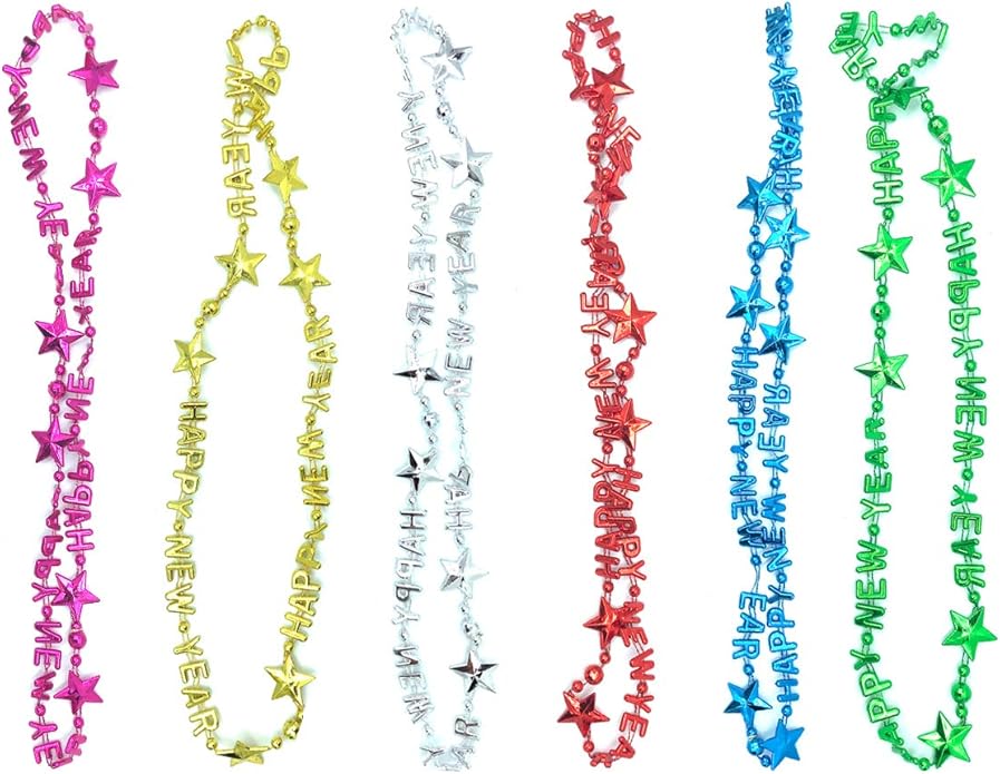 Pack of 12 Happy New Year Eve Assorted Shiny Color Party Bead Necklaces