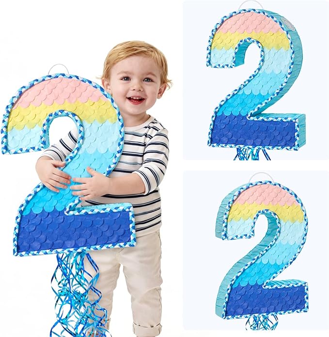 WERNNSAI Number 2 Piñata - Ombre Blue Two Piñata with a Blindfold and Bat Birthday Party Game for Kids Boys Girls 2nd Birthday Party Decorations （16.3" x 11.4" x 3")