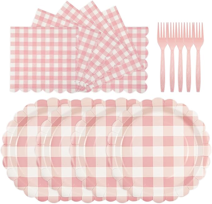 75Pcs Light Pink Gingham Party Supplies - 7Inch Scalloped Paper Plates and Napkins Checkered Plates Disposable Pink and White Plaid Party Decor for Baby Shower Wedding,Serves 25