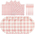 75Pcs Light Pink Gingham Party Supplies - 7Inch Scalloped Paper Plates and Napkins Checkered Plates Disposable Pink and White Plaid Party Decor for Baby Shower Wedding,Serves 25