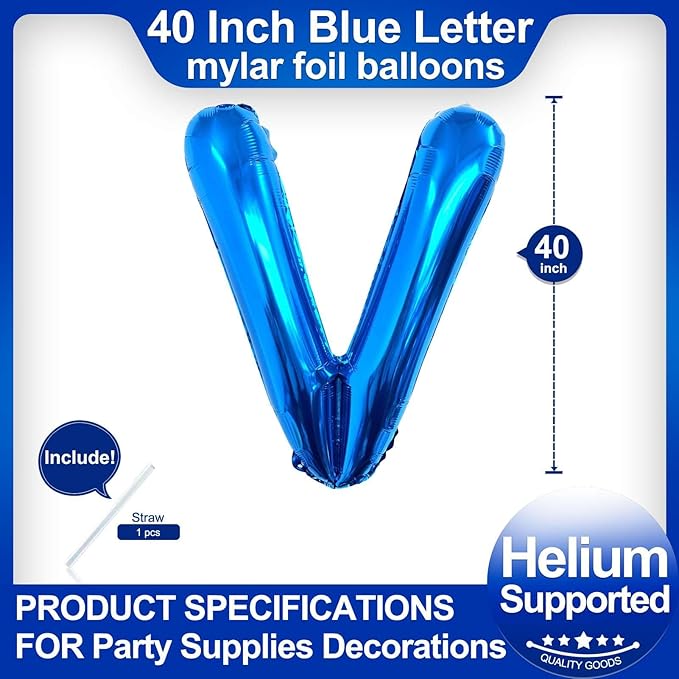 40 Inch Blue Letter V Balloons, DIY Phrase Foil Alphabet Letter V Balloons DIY Word V Banner for Birthday Anniversary Celebration Graduation Party Supplies Decoration