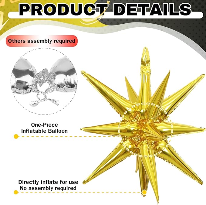 6PCS Black Gold Star Balloons, 22Inch Large Star Balloon Foil Balloons Spike Cone Balloon for Graduation Retirement Birthday New Year Party Decoration