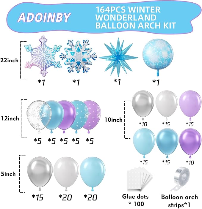 Frozen Balloon Arch Garland Kit, 164Pcs Winter Wonderland Balloon Arch Kit Blue Purple Clear Snowflake Balloons for Winter Wonderland Theme Baby Shower Snow Girl Princess Birthday Decorations