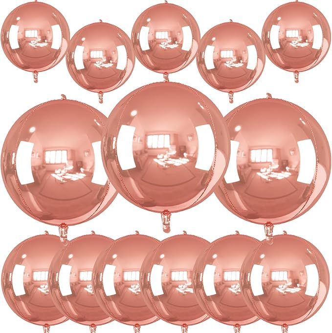 14 Pcs Rose Gold Round Foil Balloons 22/15/10 4D Ball Balloons Rose Metallic Balloon Ornament Mylar Balloon Chrome for Women Birthday Graduation Wedding Anniversary New Year Disco Party Decor