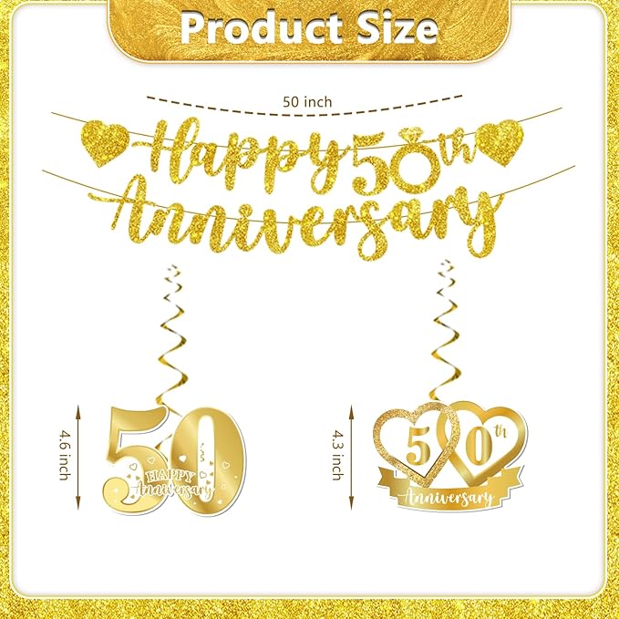 cocomigo 162pc 50th Anniversary Decorations - Tableware Set with Plates, Napkins, Banner, Tablecloth, Balloons - Serves 25