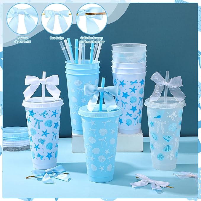 12 Pcs Bow Cups with Lids and Straws and Straw Caps 24 oz Reusable Drinking Cups Bulk for Birthday Wedding Baby Shower Bridal Shower Party Favors