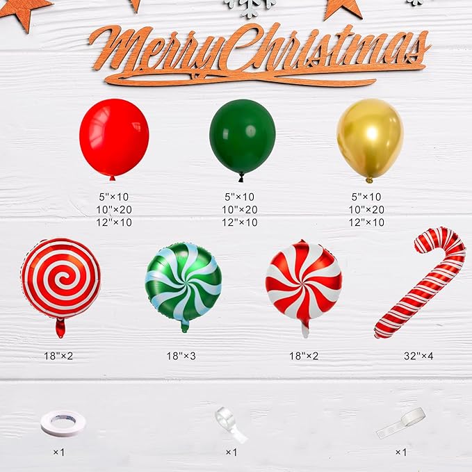 Christmas Balloon Garland Arch kit, Red Green Gold Balloons, Candy Cane Foil Balloons for Xmas Christmas Party Decorations