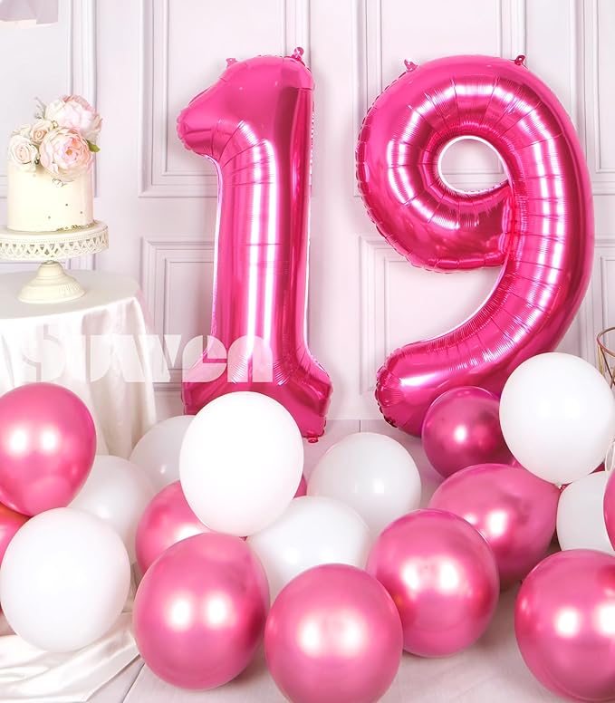 SUWEN 40 Inch Hot Pink Large 19 Number Balloons Big Foil Helium Number Balloons 0-9 Jumbo Happy 19th Mylar Birthday Party Decorations for Girl or Women 91 Anniversary Party Supplies