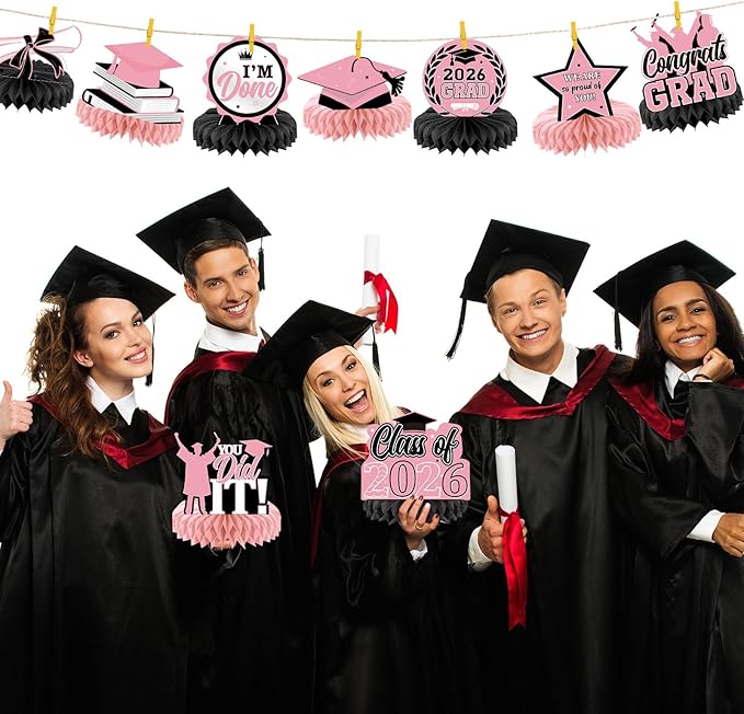 Yisong 9 Pieces 2026 Graduation Party Table Decorations Class of 2026 Congrats Graduation Centerpieces for Tables Congratulate Honeycomb Centerpiece Topper for Grad Party Supplies (Pink, Black)