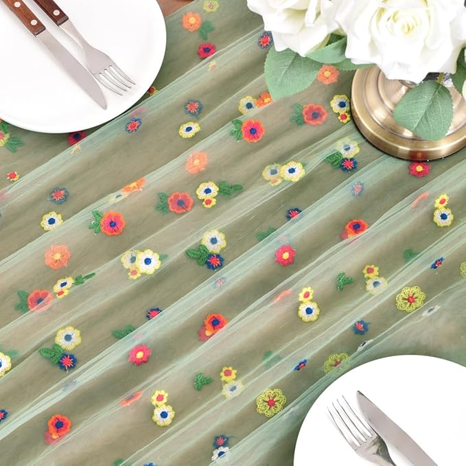 Joanlody Sage Green Embroidery Daisy Spring Summer Table Runner Florals Seasonal Easter Tulle Table Runner Holiday Kitchen Dining Table Decoration for Home Party Indoor