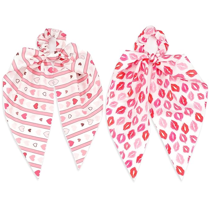 Valentine's Day Hair Ties for Woman Girls Heart Ribbon Valentines Hair Scrunchies Elastic Pink Stripe Lip Hair Tie Party Supplies Hair Accessories 2PCS