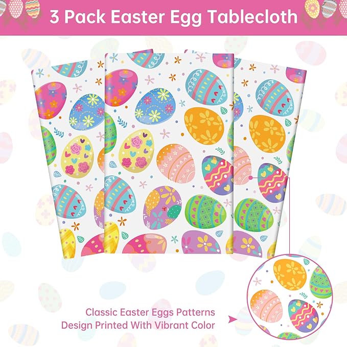 3 Pack Easter Tablecloth - Watercolor Easter Eggs Plastic Table Cloths, Disposable Rectangle Spring Flowers Table Cover for Indoor or Outdoor Tables Decor Party Decorations Supplies, 54" x 108"