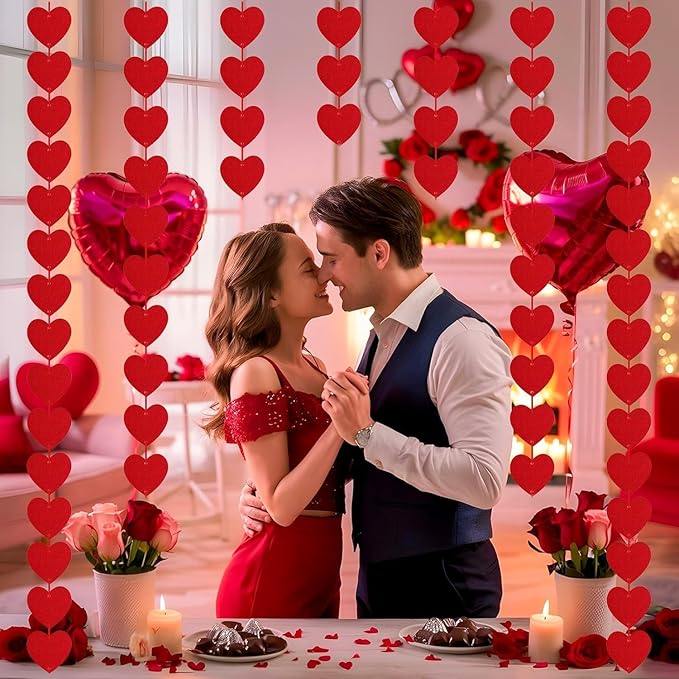 Valentines Day Decorations, 96 PCS Red Felt Heart Garland Hanging, Pre-Assembled Romantic Heart String Garland for Home, Wedding, Anniversary & Party Decor