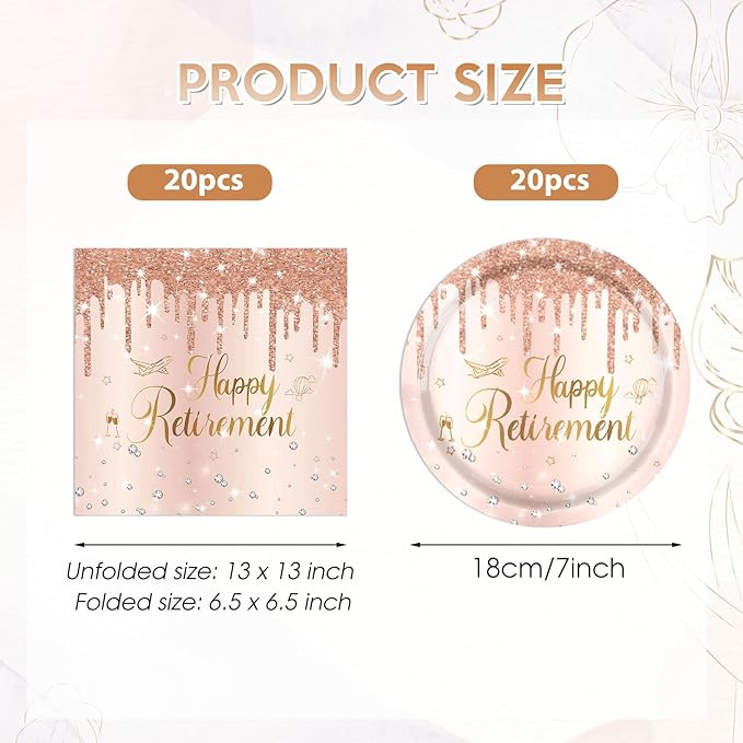 40PCS Retirement Decorations For Women Rose Gold Retirement Party Decorations Supplies Tableware Plates and Napkins for Women Going Away Party Disposable Dinnerware Kit,20 Guests