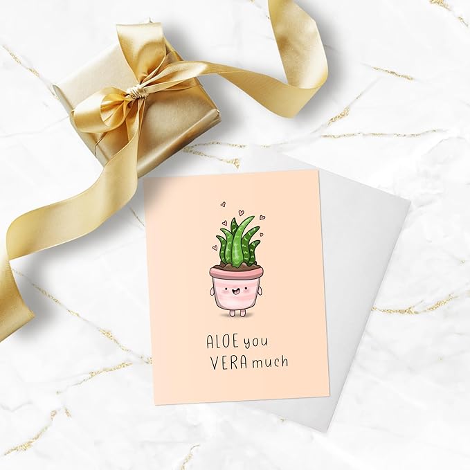 Mothers Day Card Anniversary Birthday for Mom Dad Wife Husband Girlfriend Boyfriend Stepmom Aunt Parents – Cute Funny Punny Greeting Card for Fathers Day – Blank Inside (Aloe You Vera Much)