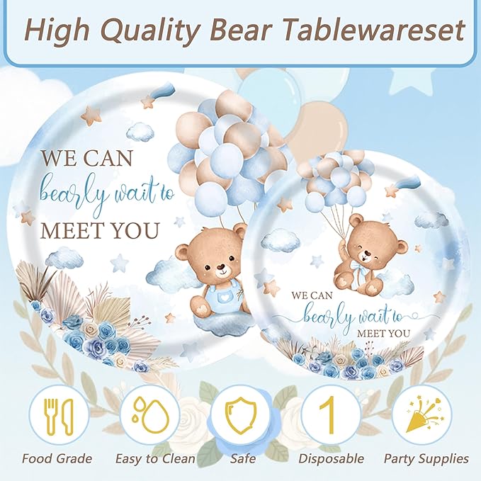 Baby Shower Party Supplies Set, We Can Bearly Wait Theme, 141 Pieces with Plates, Napkins, Cups and Tableware for 20 Guest Blue and Brown Bear Design Cuterly for Bear Babys Party