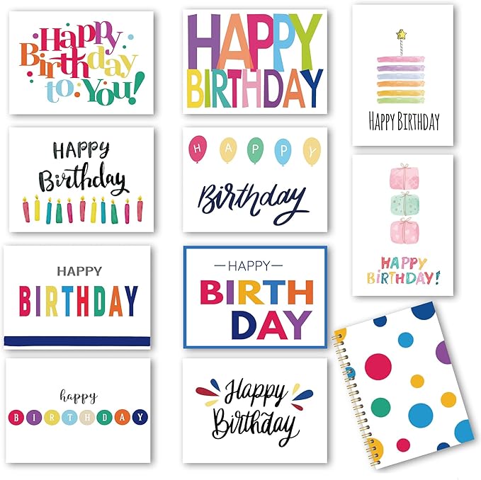 100 Birthday Cards, Happy Birthday Cards Bulk with Short Message Inside, 5x7 Inch Thick Card Stock Assorted Birthday Cards with Envelopes,10 Unique Designs for Men and Women.