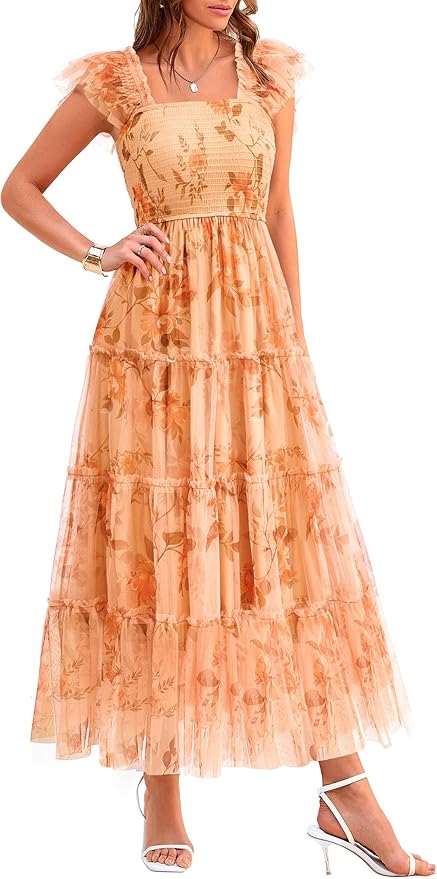 PRETTYGARDEN Women's Summer Tulle Midi Dress Sleeveless Smocked Ruffle Flowy Mesh Dresses Party Wedding Guest Sundress