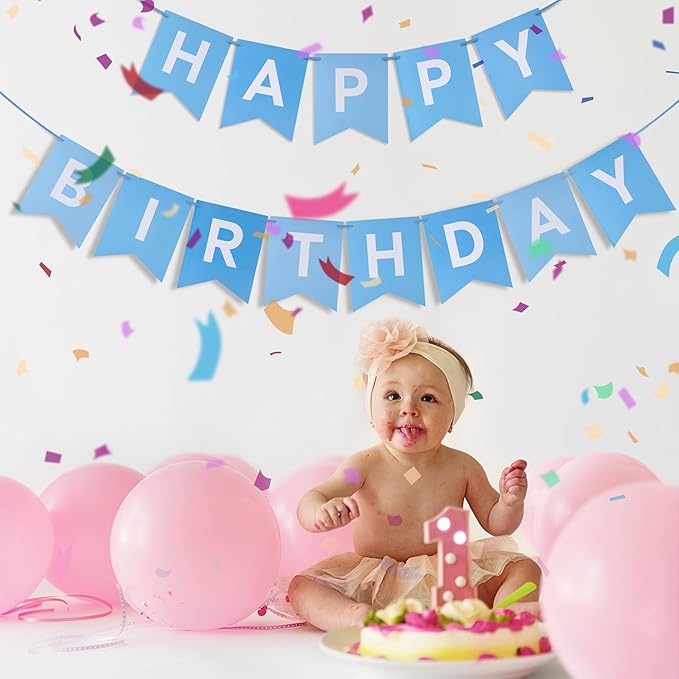 Blue Happy Birthday Banner - Mixed Blue Hanging Backdrop Sign with White Letters, Happy Birthday Sign Bunting Decorations for Women men Kids Baby Shower Party Supplies (13pcs)