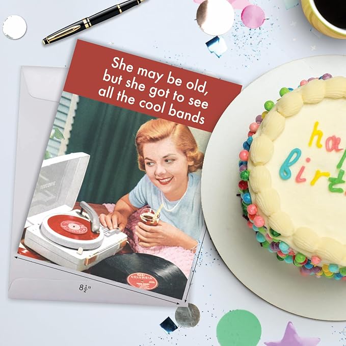 NobleWorks - 1 Large Happy Birthday Card (8.5 x 11 Inch) - Funny Cartoon Stationery for Celebrating Birthdays - See Cool Bands J4107