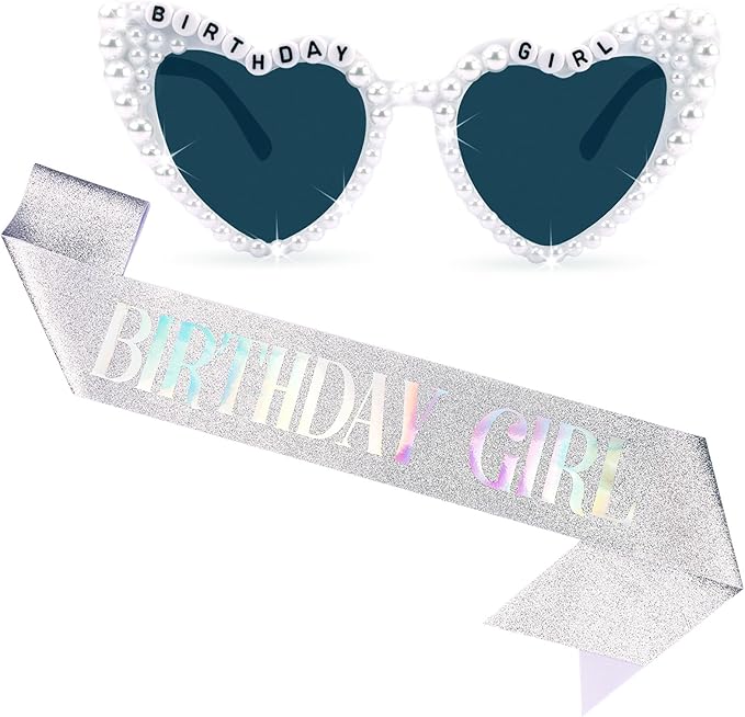 Birthday Girl Sash & Glasses Set, Birthday Sash for Women Girls, Silver 70.8" x 3.75", Happy Birthday Accessories Party Favors Set for Women Girls