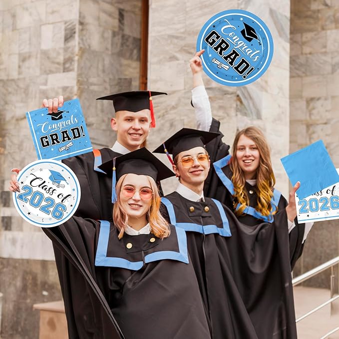 Light Blue Graduation Plates and Napkins Class of 2026 Grad Congrats Party Supplies Disposable Dessert Paper Plates Cocktail Napkins for Sky Blue Graduation Party Decorations,Serve 50