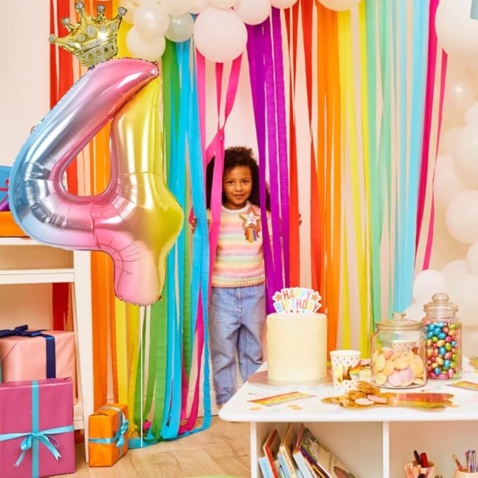 TONIFUL 40 Inch Rainbow Gradient Number 4 Balloon with Detachable Crown Foil Mylar Big Digital Four Colorful Balloon for Birthday Party,Wedding,Bridal Shower,Engagement Photo Shoot, Anniversary Decor