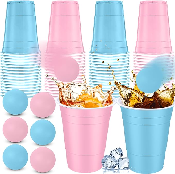 32 Pcs Gender Reveal Party Game Set Include 16oz Pink Blue Plastic Cups with 8 Balls, Cups for Party Decor Juice Beverage Outdoor Toss Game Supplies
