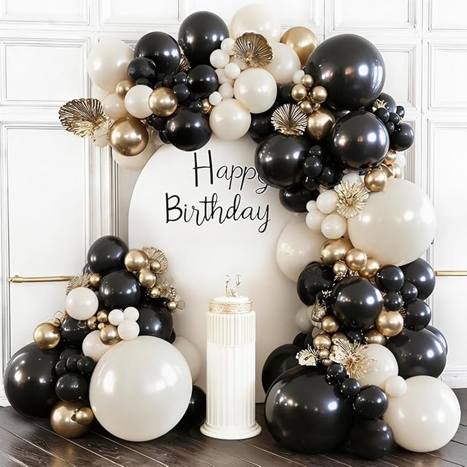 Black and Gold Balloon Arch Kit, Double Stuffed 129 Pcs Gold and Black Balloons Garland with Black Pearl White Sand Ivory Chrome Gold Balloons for Wedding Birthday Event New Year's Party Decoration