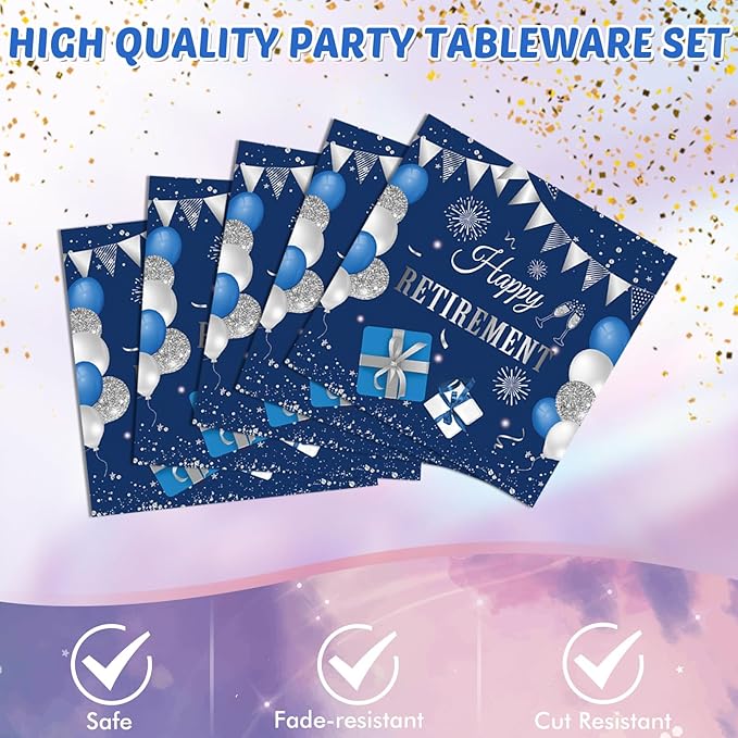 41PCS Retirement Party Decorations Blue Silver Happy Retirement Decorations for Men Women Include Paper Plates Napkins Tablecloth Set for Men Woman Farewell Party Tableware ,Serves 20