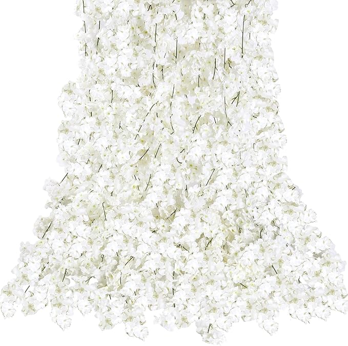 Sggvecsy Cherry Blossom Garland Artificial Cherry Flower Vines 8 Pack Hanging Silk Flowers Garland for Home Wedding Garden Party Arch Office Decor (White)