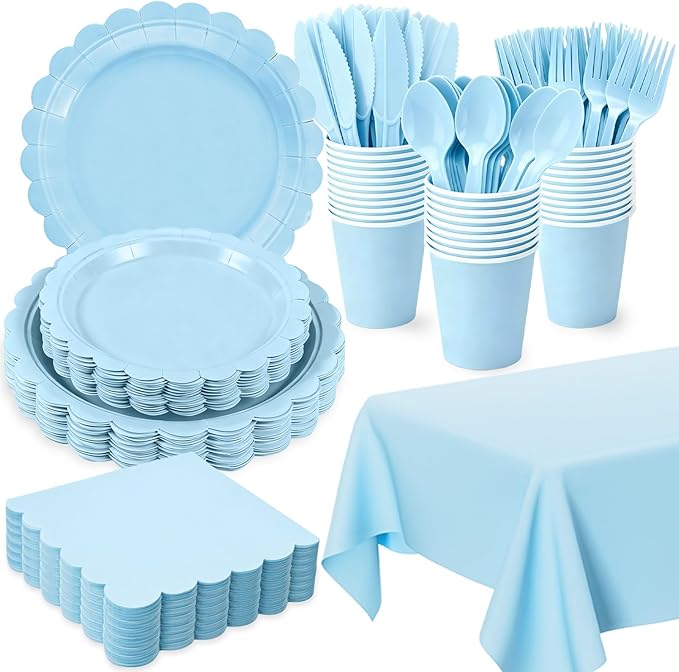 176 PCS Light Blue Party Decorations Includes Scalloped Plates, Napkins, Cups, Cutlery, Tablecloth for Baby Shower Wedding Birthday Party Decorations, Serves 25