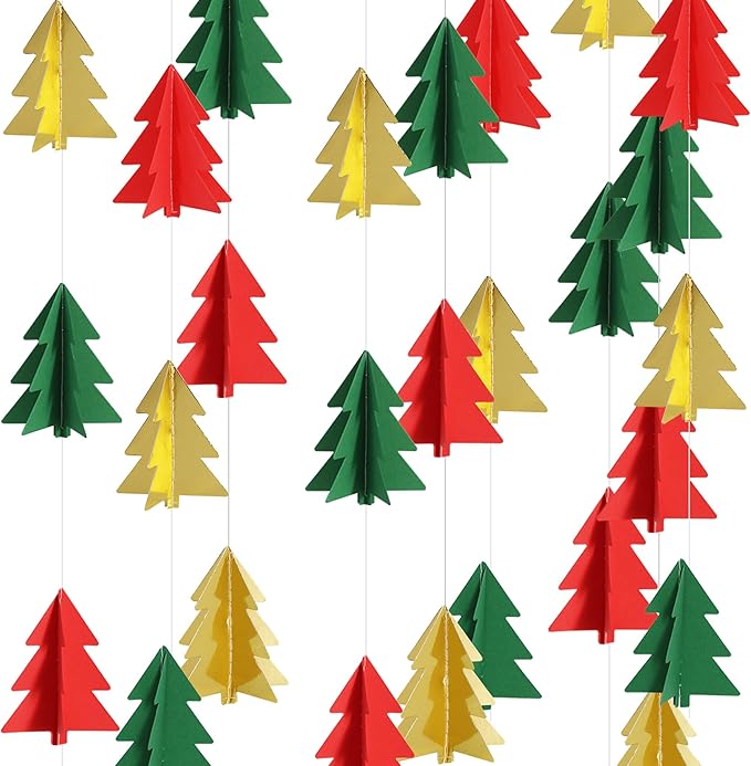 BEISHIDA Red Green Gold Christmas Decorations, 2 Pcs 3D Christmas Tree Paper Garland Xmas Hanging Ornaments Party Decorations for Baby Shower New Year Party Supplies
