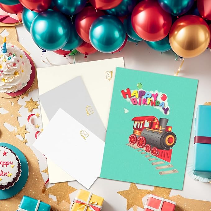 Musical Train Birthday Cards, 3D Lights and Music Happy Birthday Card, Pop Up Birthday Card, Funny Train Birthday Gift, for Son Daughter Boys Girls Nephews Nieces Friends.