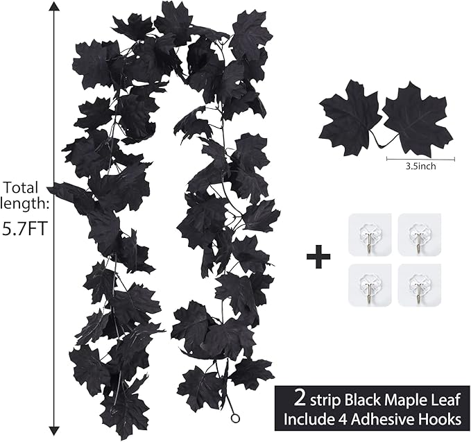 Halloween Black Christmas Garland Decor Indoor Table Decorations Fall Wall Hanging Artificial Black Maple Leaf Vine Decorations for Home (2 Pcs Halloween Garland, Set)