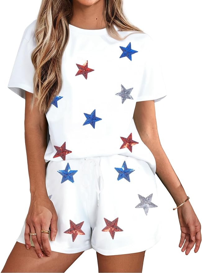 VILOVE 4th of July 2 Piece Sequin Outfits Women 250 Anniversary Usa Shirts and Short Sets Casual Patriotic Shirt Summer Set