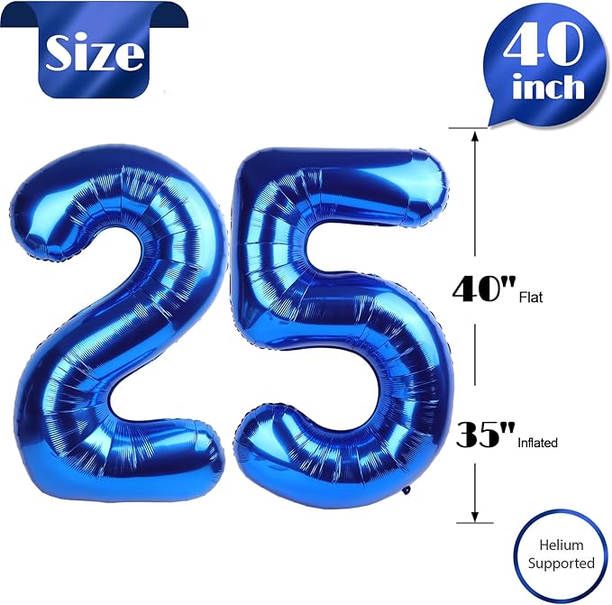 25 Balloon Number, Metallic Blue Number 25th Birthday Balloons 40 Inch, 25 or 52 Years Old Metallic Blue Birthday Decorations for Men Women, 25th Anniversary Decorations